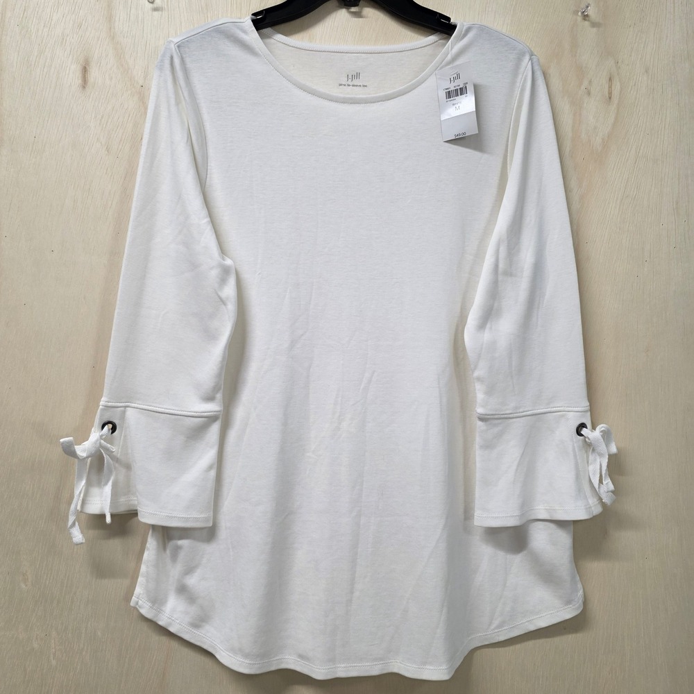J. Jill 100% Pima Cotton Tie Sleeve Scoop Neck Tee White Women Size M NEW